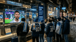 Hinchas de Argentina, mirando el partido en la calle, en una vidriera de venta de Televisores
