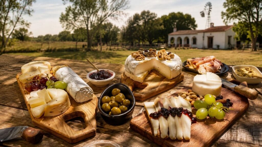 Ruta del queso en Suipacha, provincia de Buenos Aires, bandeja de quesos, frutos rojos y aceitunas