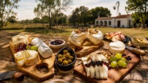 Ruta del queso en Suipacha, provincia de Buenos Aires, bandeja de quesos, frutos rojos y aceitunas