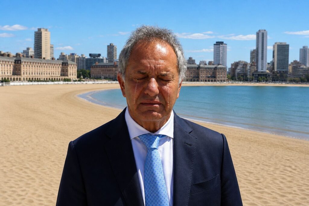 Scioli llorando, playa de mar del plata vacía