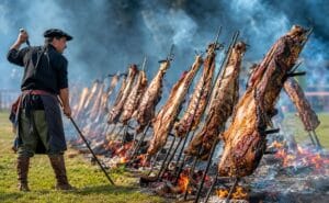 Hombre haciendo asado a la estaca en el campo.
