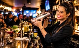 Mujer Bartender haciendo un cocktail