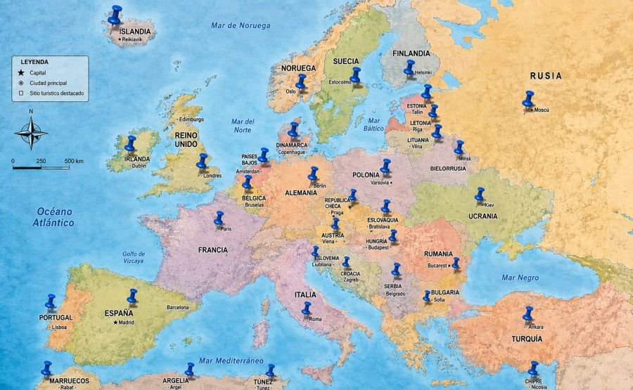 Mapa de Europa con principales destinos turísticos marcados