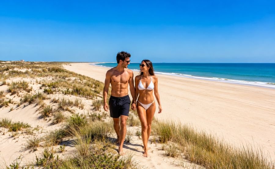 Pareja paseando por una Playa de Huevla en España