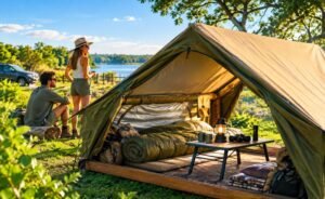Camping, Carpa Inflable, pareja haciendo camping.