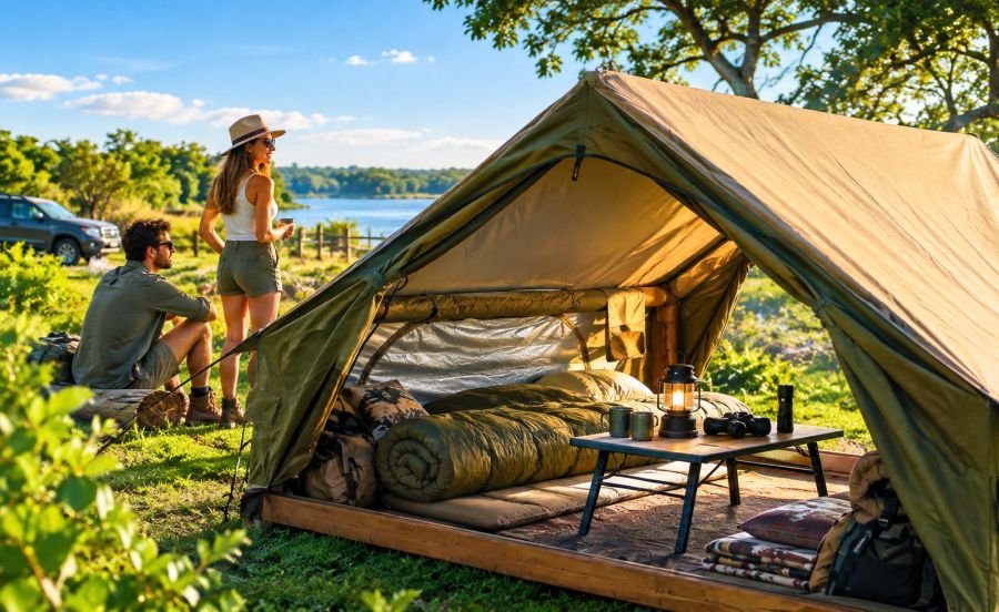 Camping, Carpa Inflable, pareja haciendo camping.