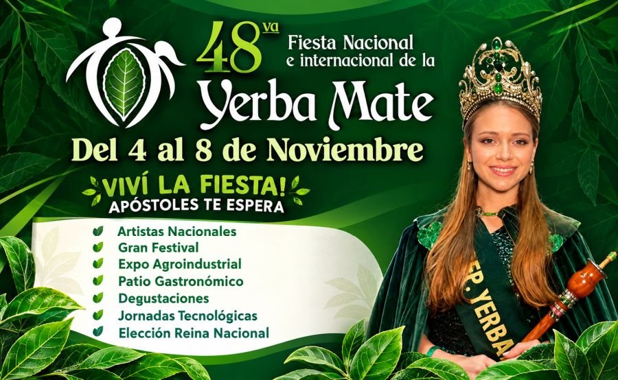 Flyer de la Fiesta Nacional e Internacional de la Yerba Mate en Apóstoles, Misiones, Argentina