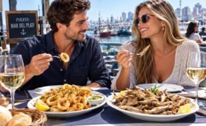 Foto ilustrativa de la gastronomía en el Puerto de Mar del Plata, Buenos Aires, Argentina generada por AI