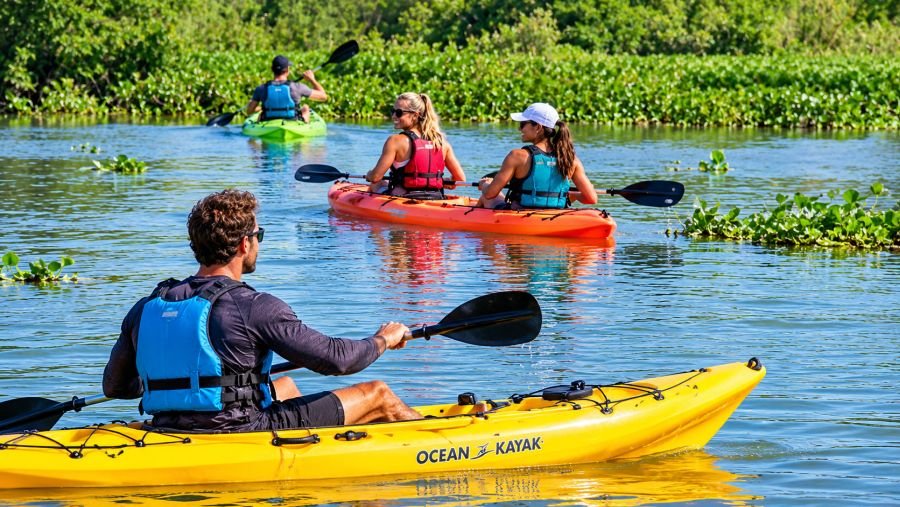 Kayakistas en plena tarea en la laguna Setúbal, en la provincia de Santa Fe