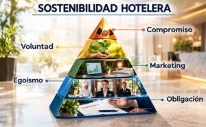Pirámide de la Sostenibilidad Hotelera, con cinco capas, obligación en la parte más baja, egoísmo en la siguiente, marketing, voluntad y compromiso para terminar en la cúspide.