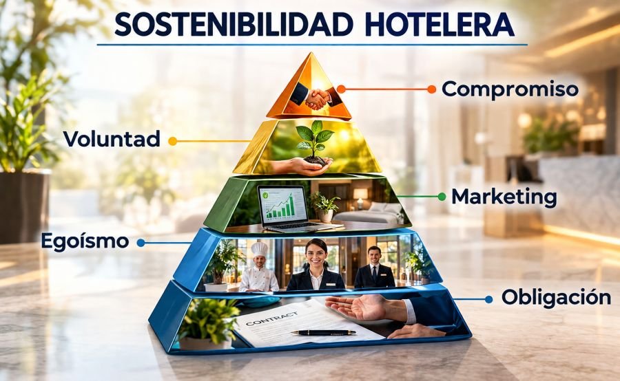 Pirámide de la Sostenibilidad Hotelera, con cinco capas, obligación en la parte más baja, egoísmo en la siguiente, marketing, voluntad y compromiso para terminar en la cúspide.