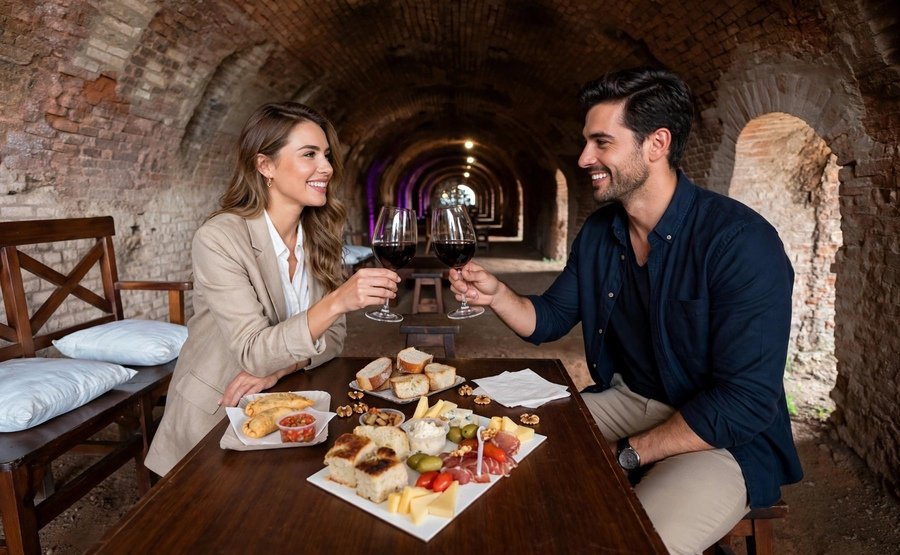 Una pareja haciendo una degustación en Nueva Corinema, bodega familiar, en Mercedes, provincia de Buenos Aires.