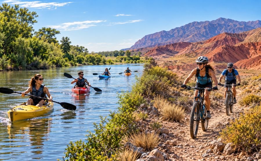 Canotaje en Gualeguaychú y Ciclismo en Fiambalá hasta Chile, ejemplos del turismo deportivo que genera hospedaje y mejora las economías regionales. Imagen generada por AI