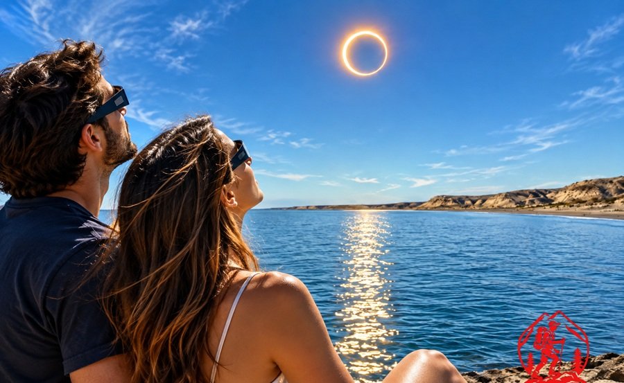 Eclipse Anular en Río Negro, pareja mirando el fenómeno astronómico