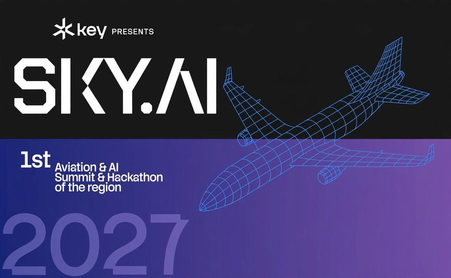 Flyer de Sky.Ai, primera reunión de aplicación de inteligencia artificial en la aviación, 2027, El Salvador
