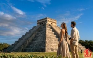 Pareja mirando la Pirámide de Chichén Itzá en Yucatán, México