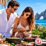 Pareja degustando los platillos de gastronomía sustentable en Los Cabos, baja California Sur