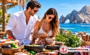 Pareja degustando los platillos de gastronomía sustentable en Los Cabos, baja California Sur